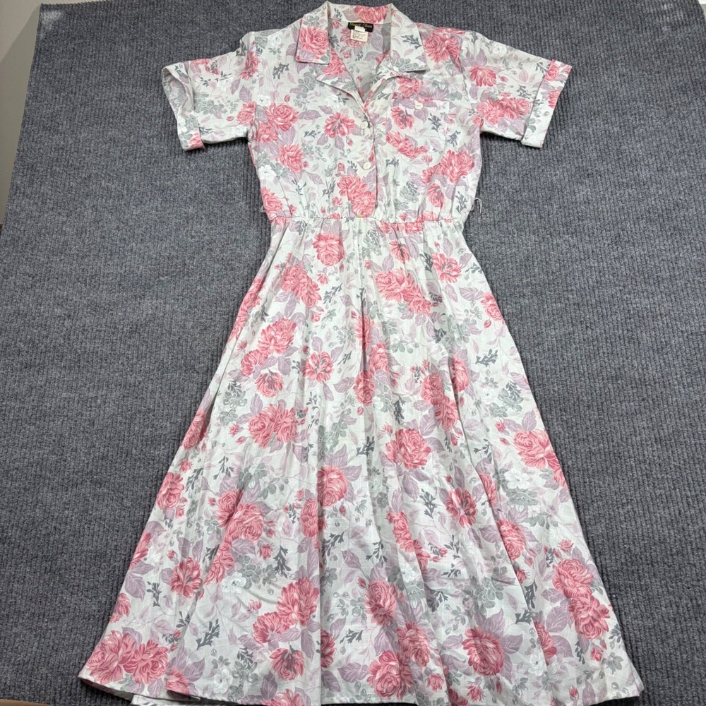 Stuart Alan Dress Womens 10 Vintage Floral Midi Pink Gray White Short Sleeve USA